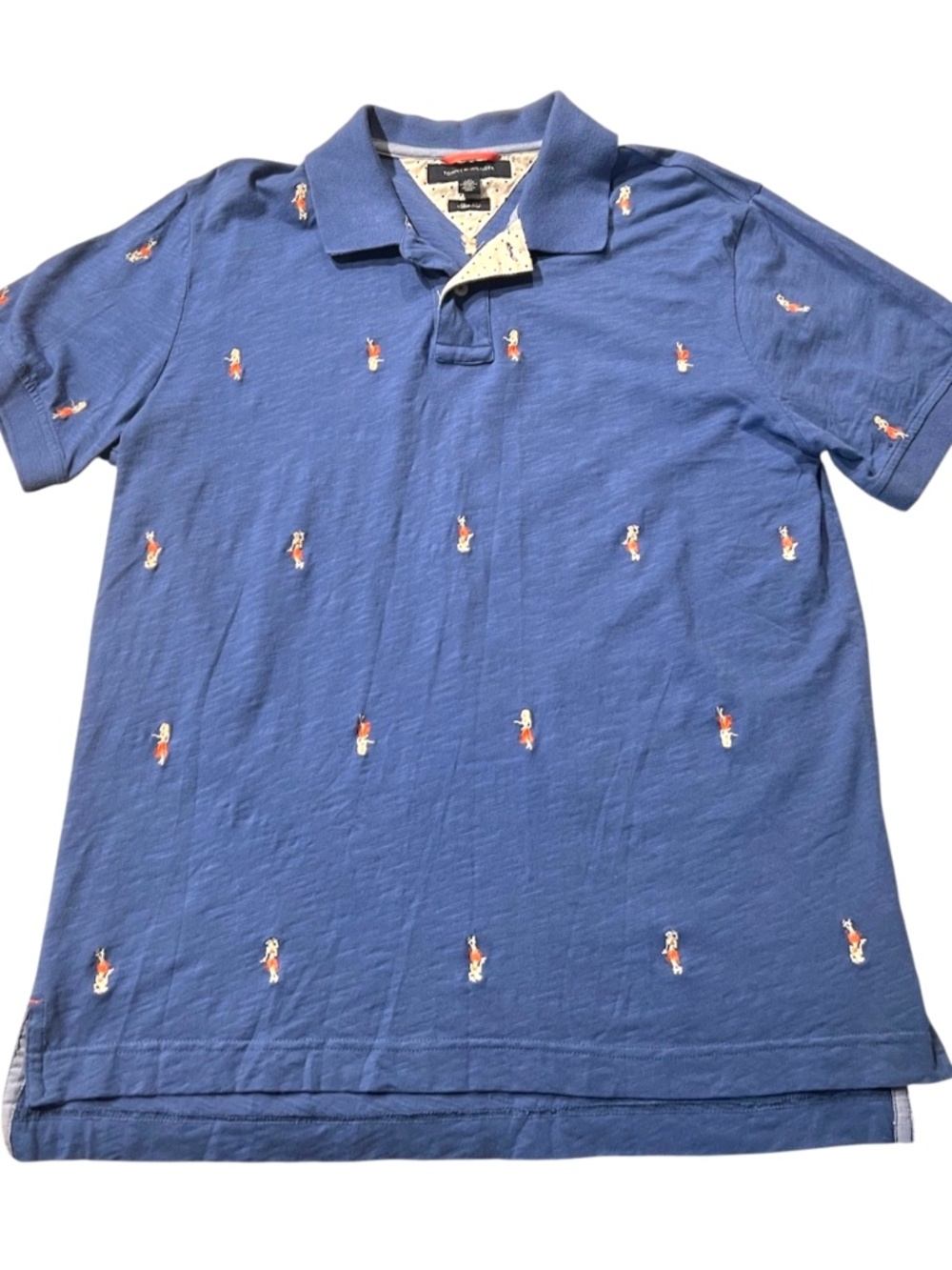 Tommy Hilfiger Men's Slim Fit Embroidered Hawaiian Hula Girl Blue Polo T Shirt L